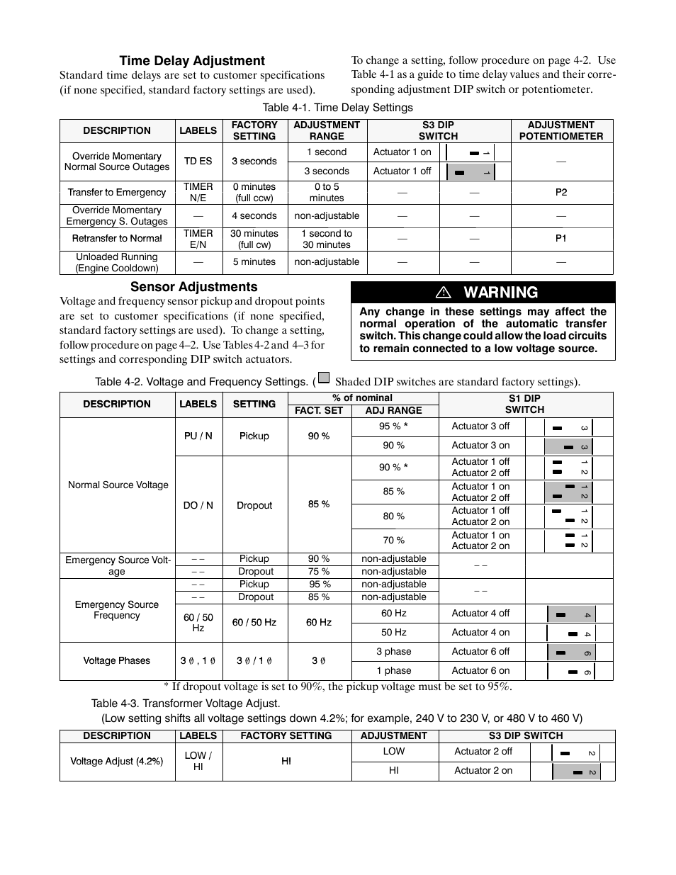 Time delay adjustment, Sensor adjustments | Winco ASCO 300 E Design 260-400 Amp User Manual | Page 11 / 19