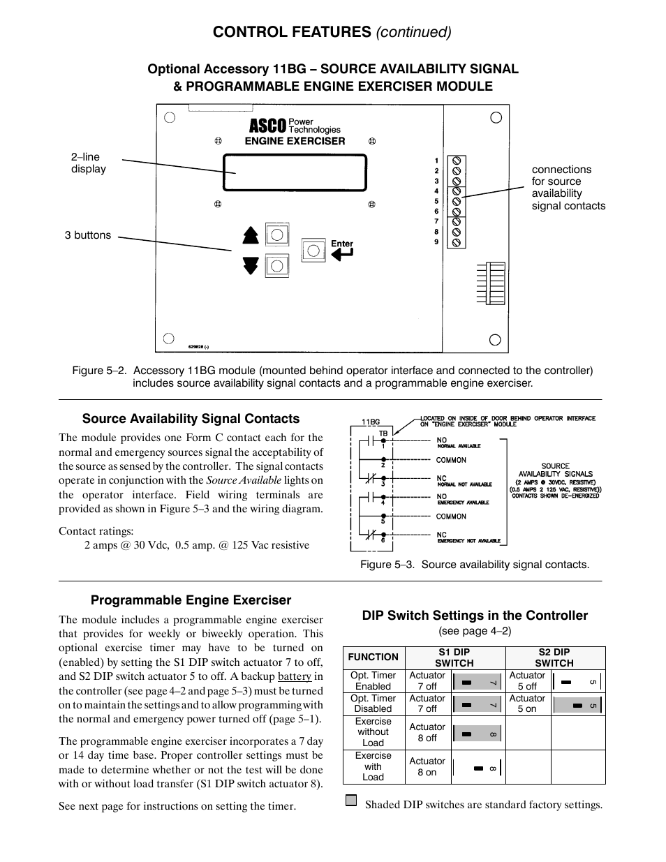 Control features (continued), Source availability signal contacts, Programmable engine exerciser | Dip switch settings in the controller | Winco ASCO 300 E Design 260-400 Amp User Manual | Page 14 / 19