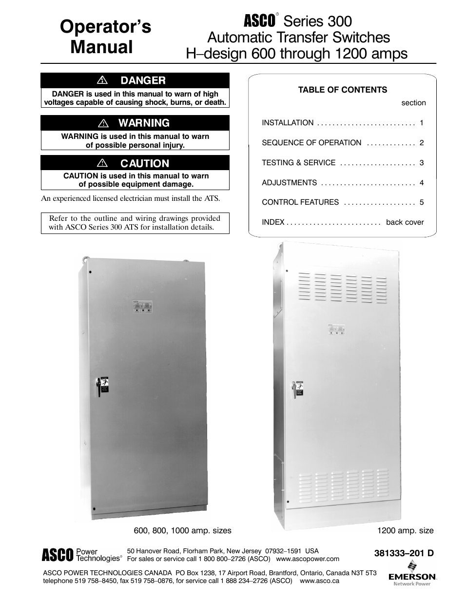 Winco ASCO 300 H Design 600-1200 Amp User Manual | 20 pages
