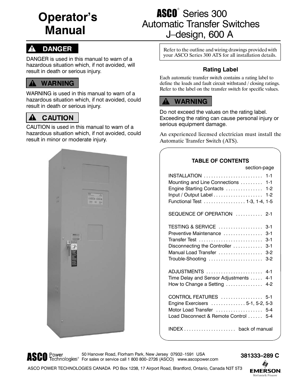 Winco ASCO 300 J Design 600 Amp User Manual | 20 pages