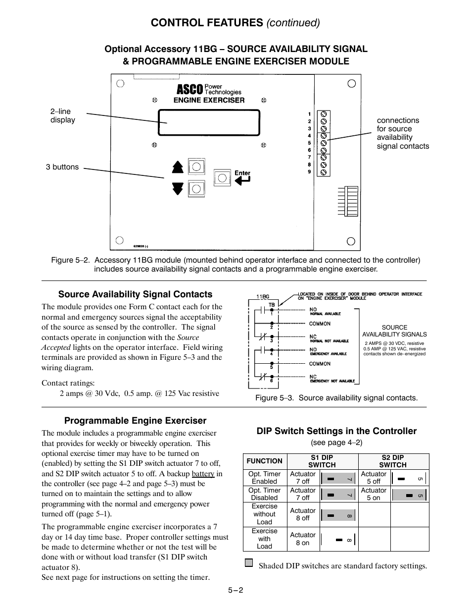 Control features (continued), Source availability signal contacts, Programmable engine exerciser | Dip switch settings in the controller | Winco ASCO 300 J Design 600 Amp User Manual | Page 16 / 20