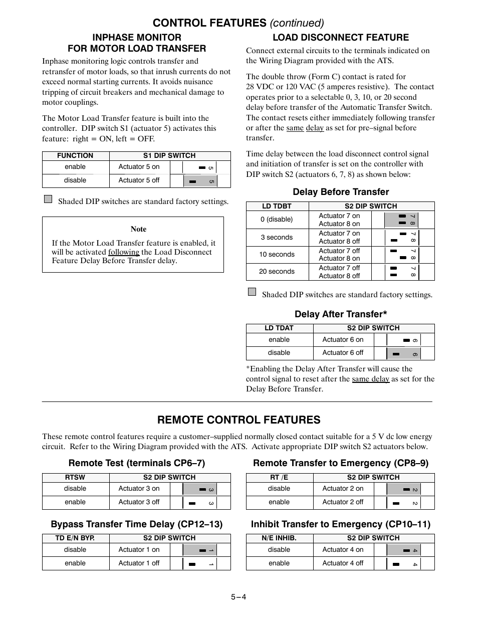 Control features (continued), Remote control features, Inphase monitor for motor load transfer | Load disconnect feature, Delay before transfer, Delay after transfer, Remote test (terminals cp6–7), Bypass transfer time delay (cp12–13), Remote transfer to emergency (cp8–9), Inhibit transfer to emergency (cp10–11) | Winco ASCO 300 J Design 600 Amp User Manual | Page 18 / 20
