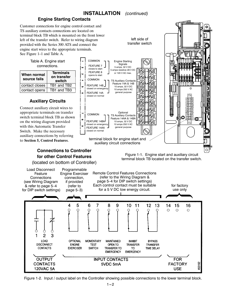 Installation, Continued), Engine starting contacts | Auxiliary circuits | Winco ASCO 300 J Design 600 Amp User Manual | Page 6 / 20