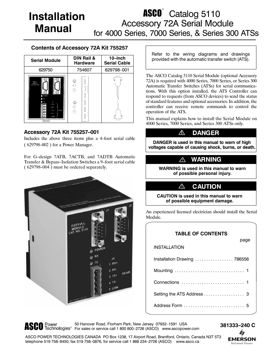 Winco ASCO 300 Accessory 72A Serial Module User Manual | 8 pages