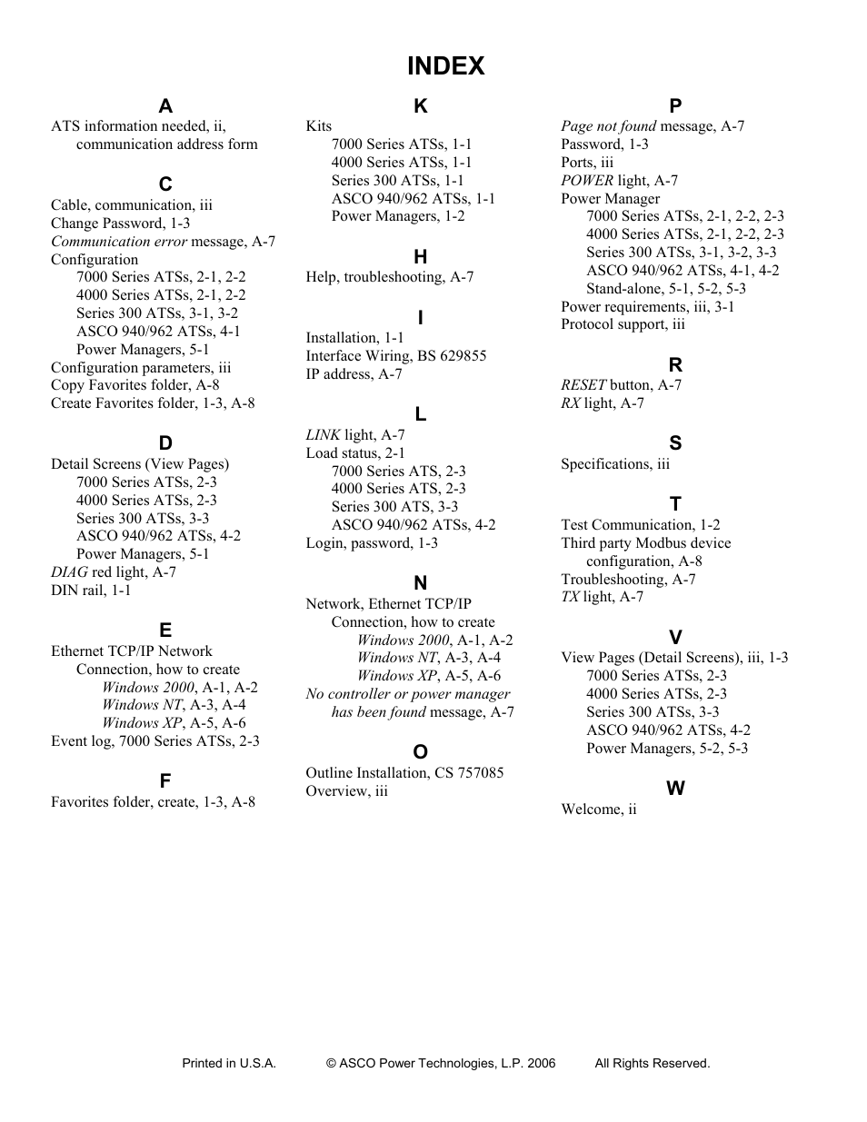 Index | Winco ASCO 300 Accessory Connectivity Module User Manual | Page 31 / 31