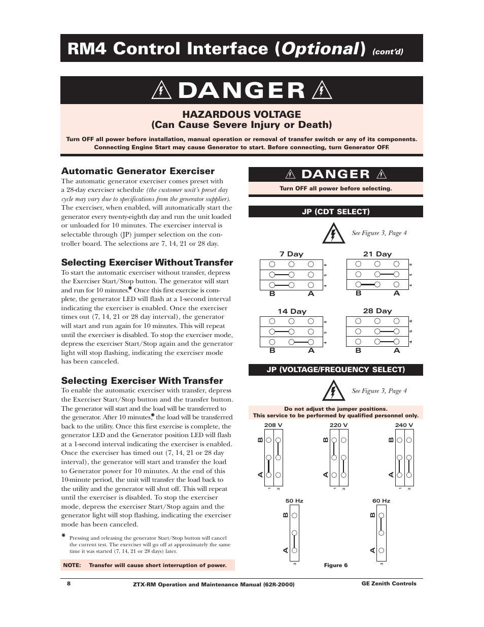 Danger, Optional, 4 control interface | Automatic generator exerciser, Selecting exerciser without transfer, Selecting exerciser with transfer | Winco ZTX-RM Series 40-400 Amps User Manual | Page 10 / 16