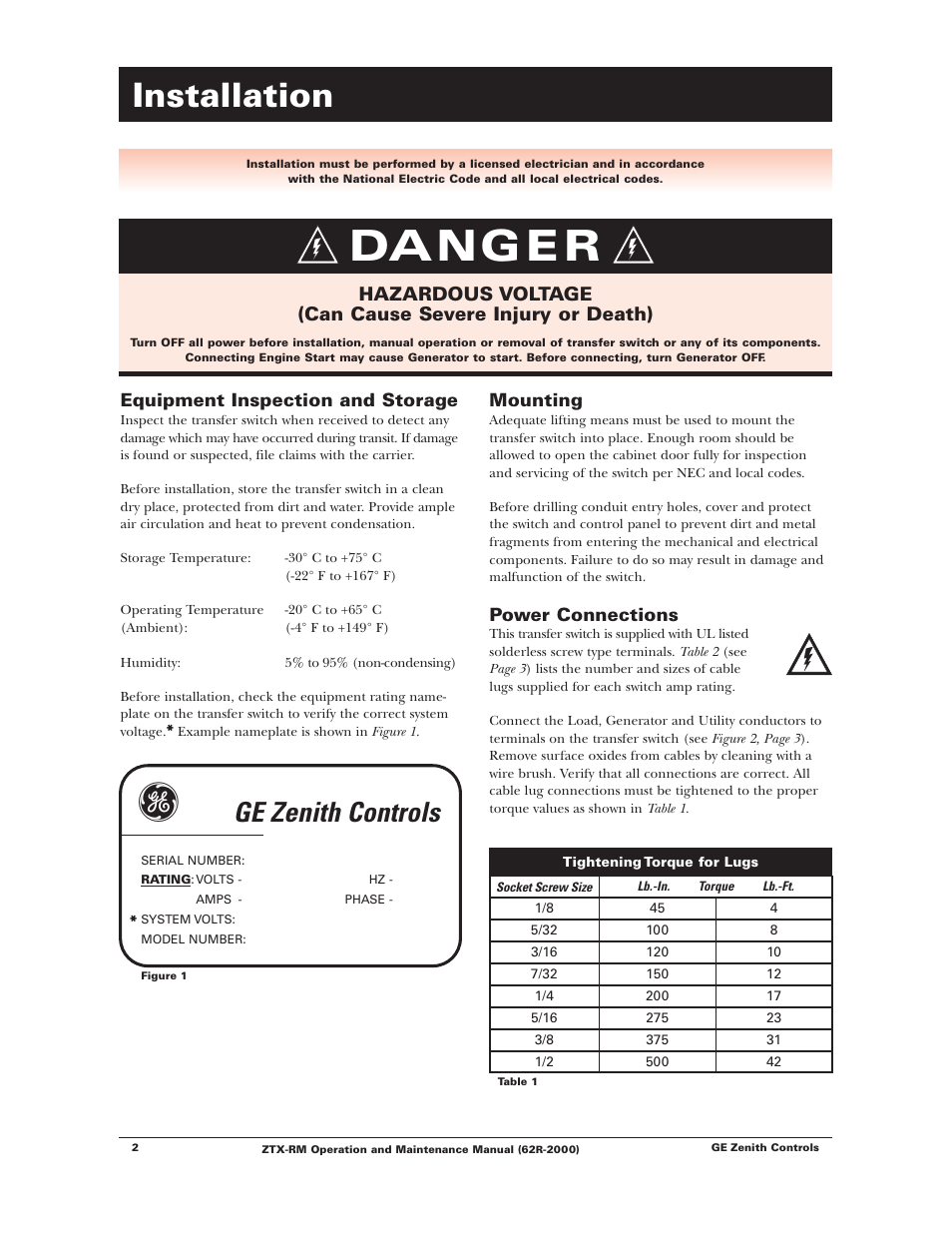 Danger, Installation, Ge zenith controls | Equipment inspection and storage, Mounting, Power connections | Winco ZTX-RM Series 40-400 Amps User Manual | Page 4 / 16