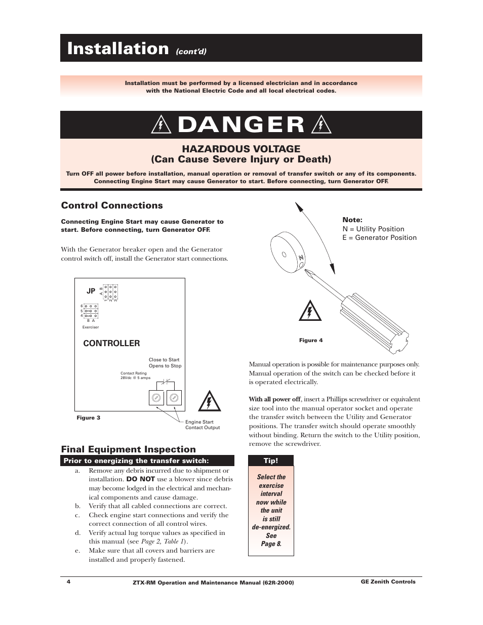 Danger, Installation, Final equipment inspection | Control connections | Winco ZTX-RM Series 40-400 Amps User Manual | Page 6 / 16