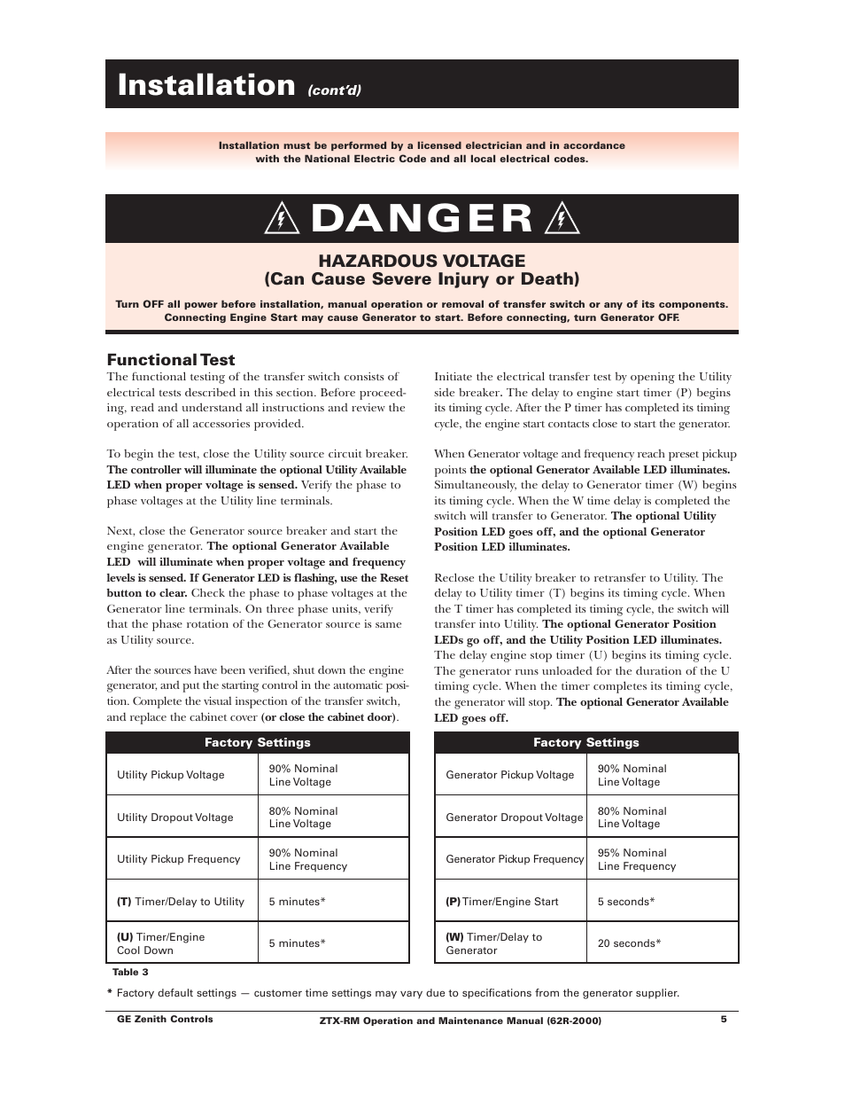 Danger, Installation, Functional test | Winco ZTX-RM Series 40-400 Amps User Manual | Page 7 / 16