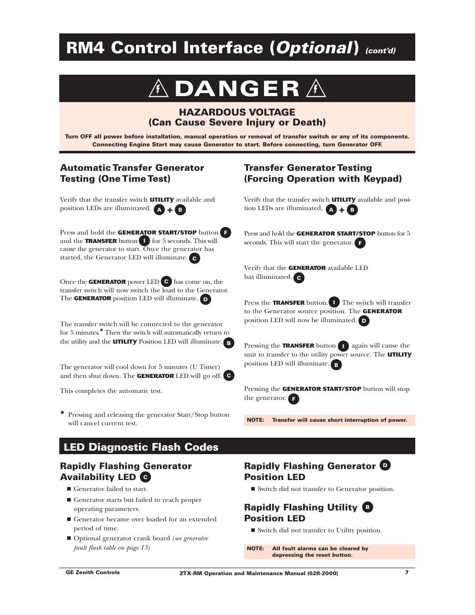 Danger, Optional, 4 control interface | Diagnostic flash codes, Rapidly flashing generator availability, Rapidly flashing generator position, Rapidly flashing utility position | Winco ZTX-RM Series 40-400 Amps User Manual | Page 9 / 16