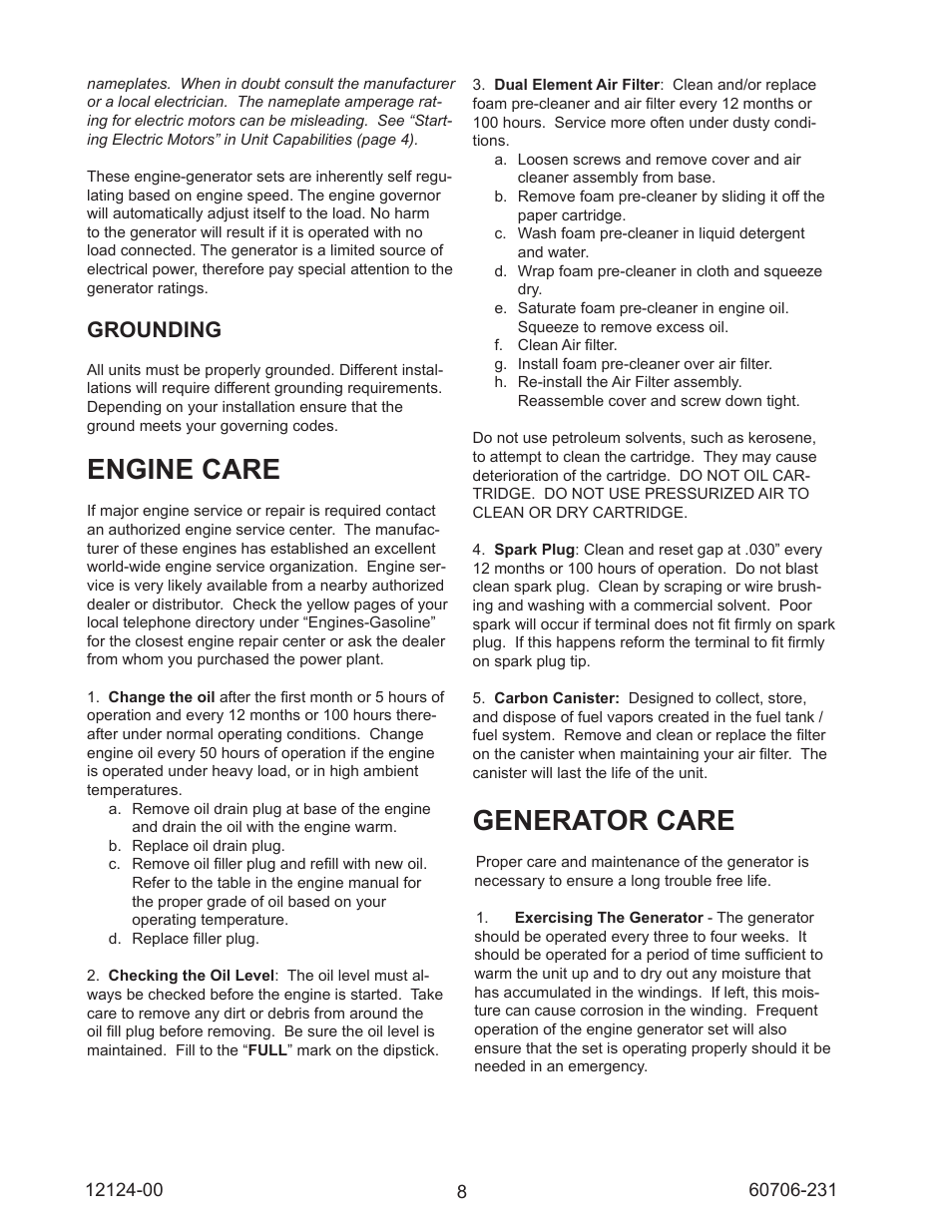 Engine care, Generator care, Grounding | Winco EC22000/A User Manual | Page 10 / 20