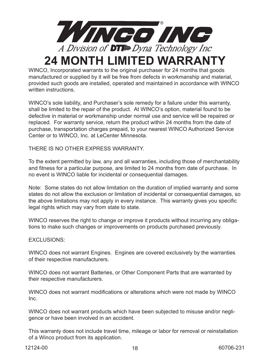 24 month limited warranty | Winco EC22000/A User Manual | Page 20 / 20