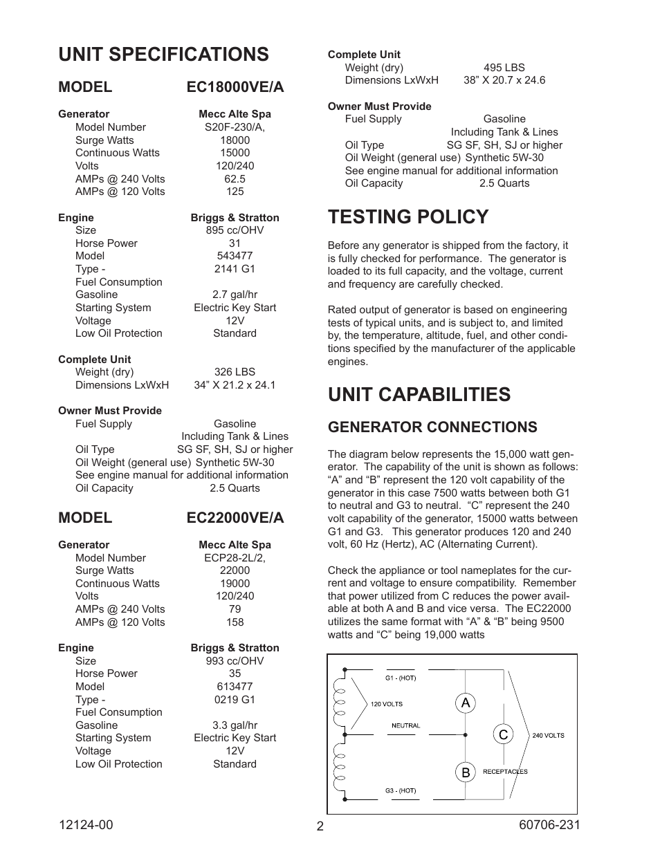 Unit specifications, Testing policy, Unit capabilities | Generator connections | Winco EC22000/A User Manual | Page 4 / 20