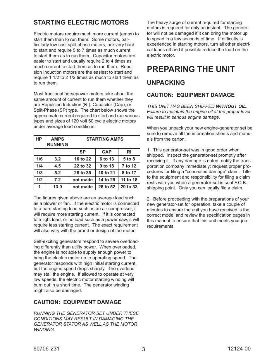 Preparing the unit, Starting electric motors, Unpacking | Winco EC22000/A User Manual | Page 5 / 20