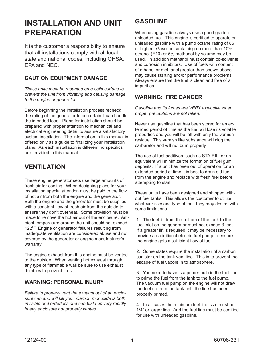 Installation and unit preparation, Ventilation, Gasoline | Winco EC22000/A User Manual | Page 6 / 20