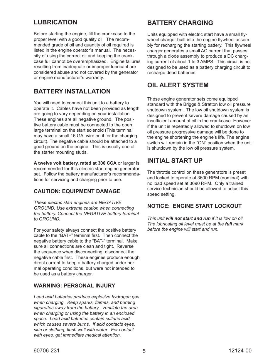 Lubrication, Battery installation, Battery charging | Oil alert system, Initial start up | Winco EC22000/A User Manual | Page 7 / 20