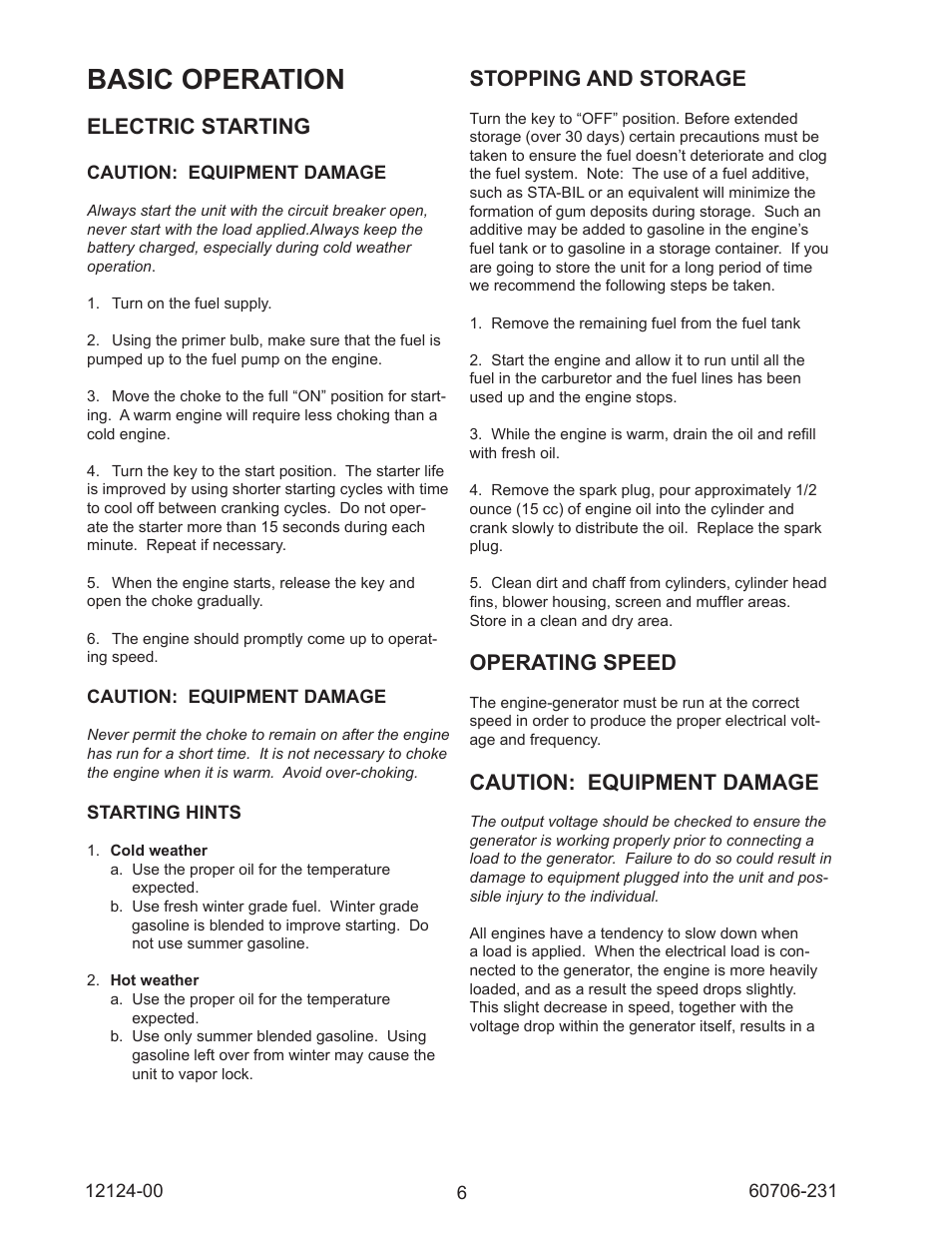 Basic operation, Electric starting, Stopping and storage | Operating speed, Caution: equipment damage | Winco EC22000/A User Manual | Page 8 / 20