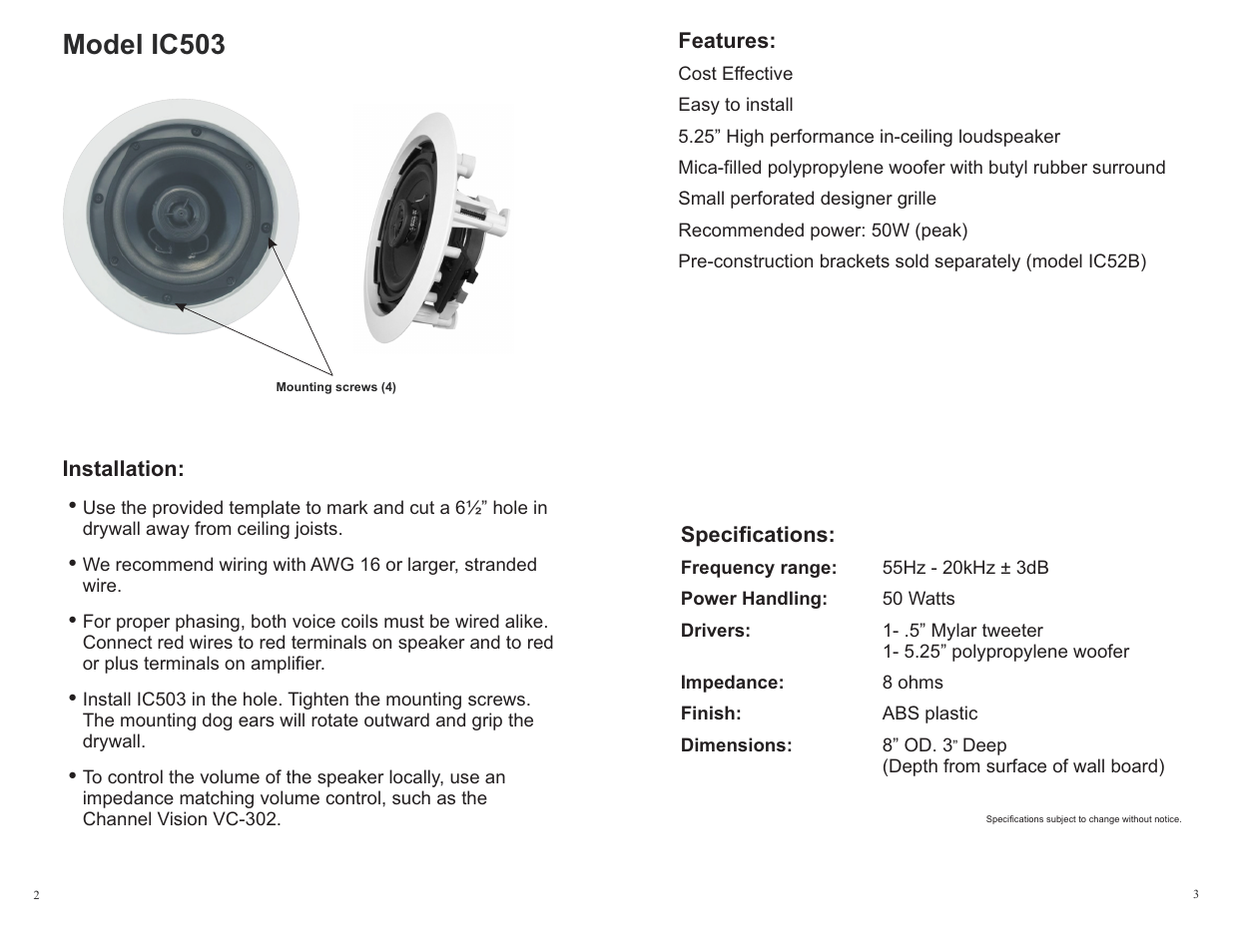 Model ic503 | Channel Vision IC503 User Manual | Page 2 / 2