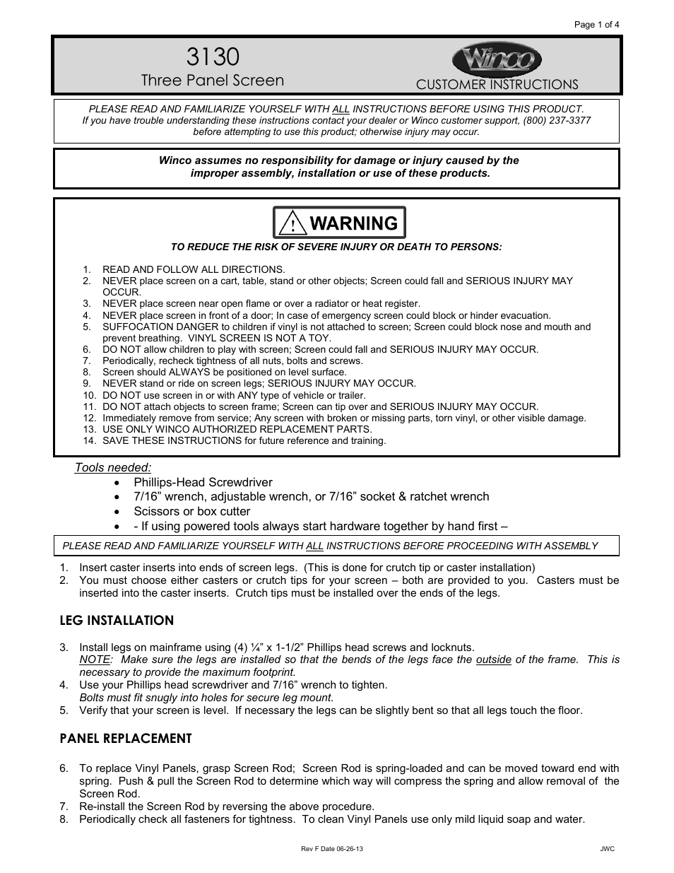 Winco Mfg. 3139 - PRIVESS BASIC 3-PANEL PRIVACY SCREEN with Sure-Chek User Manual | 4 pages