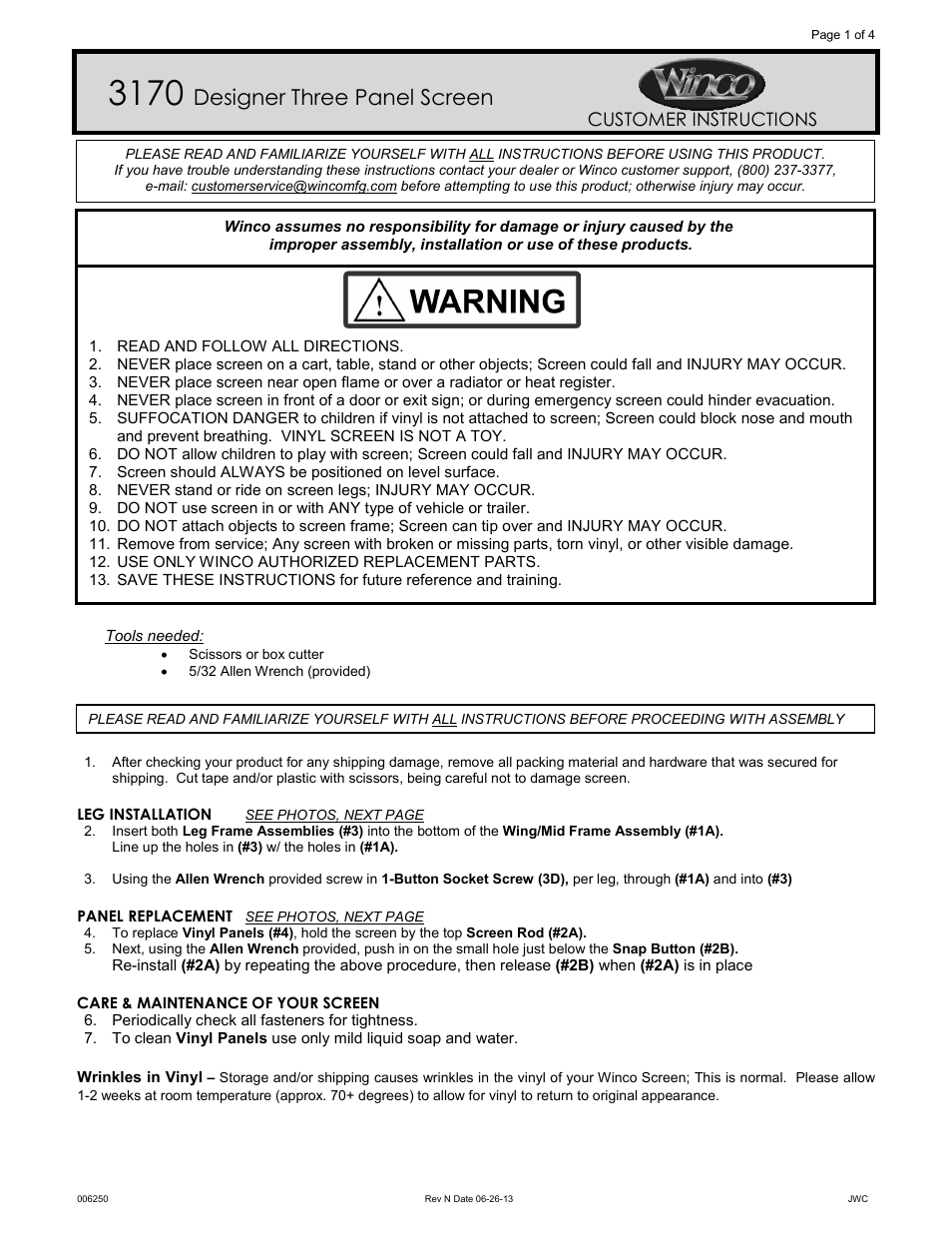 Winco Mfg. 3170 - PRIVESS ELITE DESIGNER PRIVACY SCREEN User Manual | 4 pages