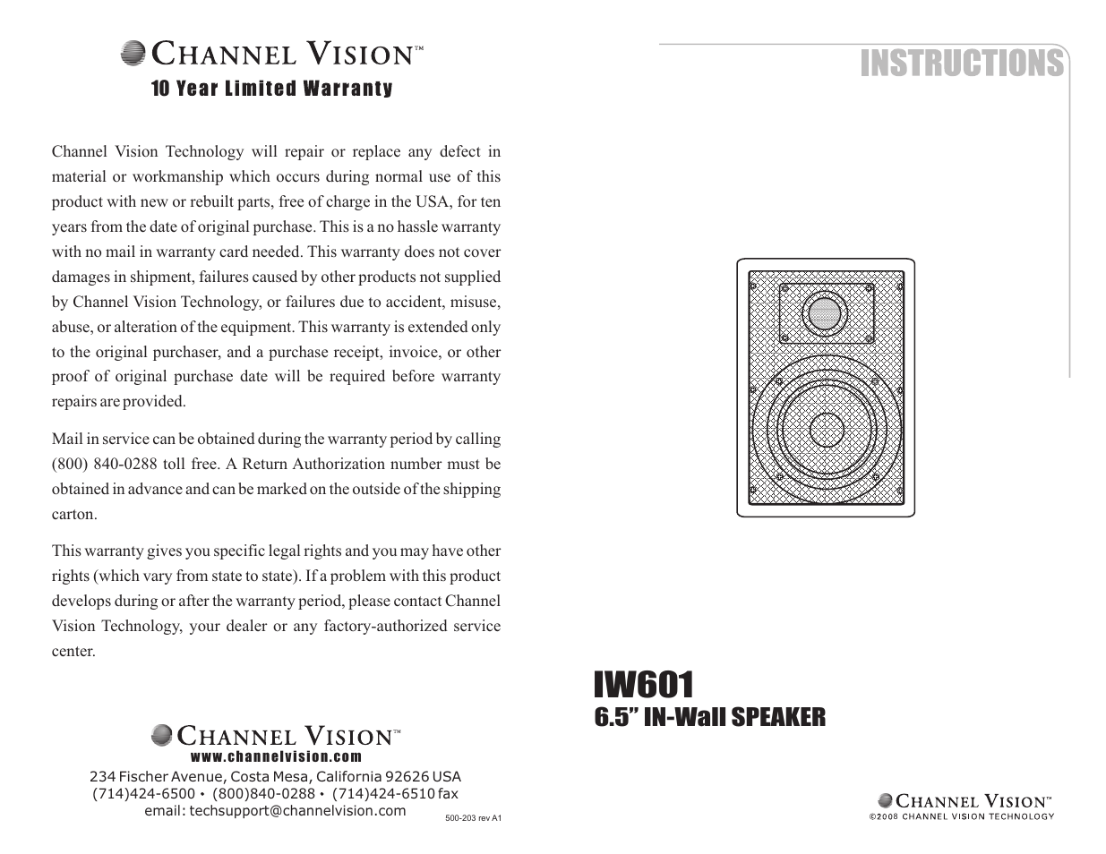 Channel Vision Aria IW601 User Manual | 2 pages