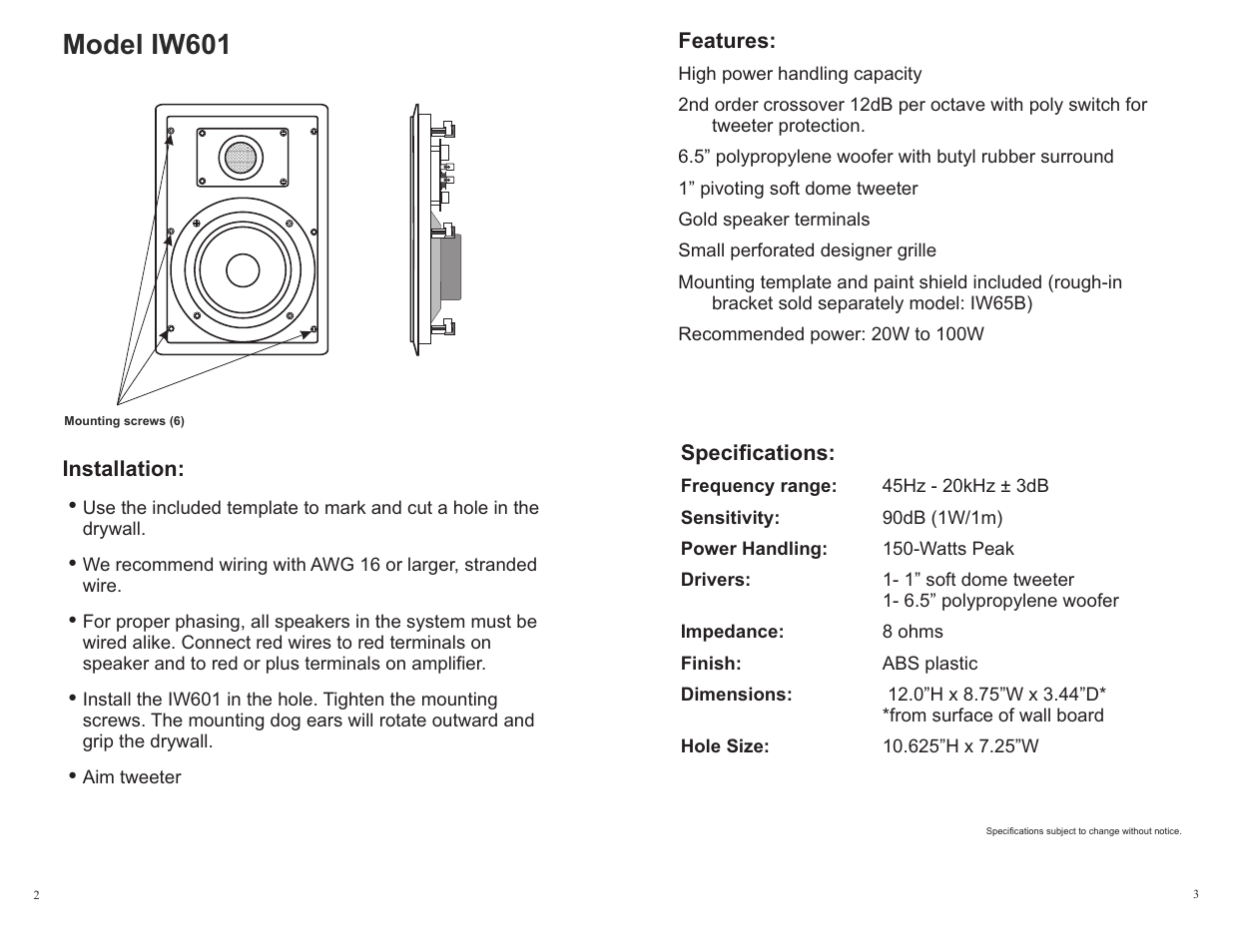 Model iw601 | Channel Vision Aria IW601 User Manual | Page 2 / 2