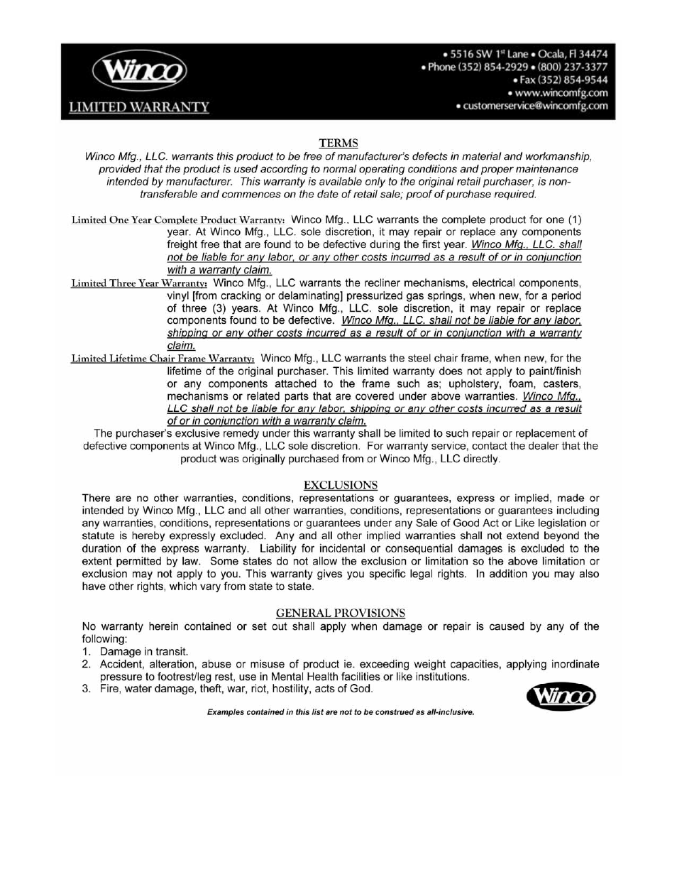 Winco Mfg. 5361 - Caremor Recliner User Manual | Page 4 / 4