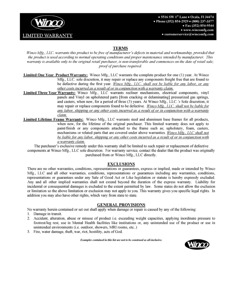 Winco Mfg. 5400 - Premier LifeCare Recliner User Manual | Page 4 / 4
