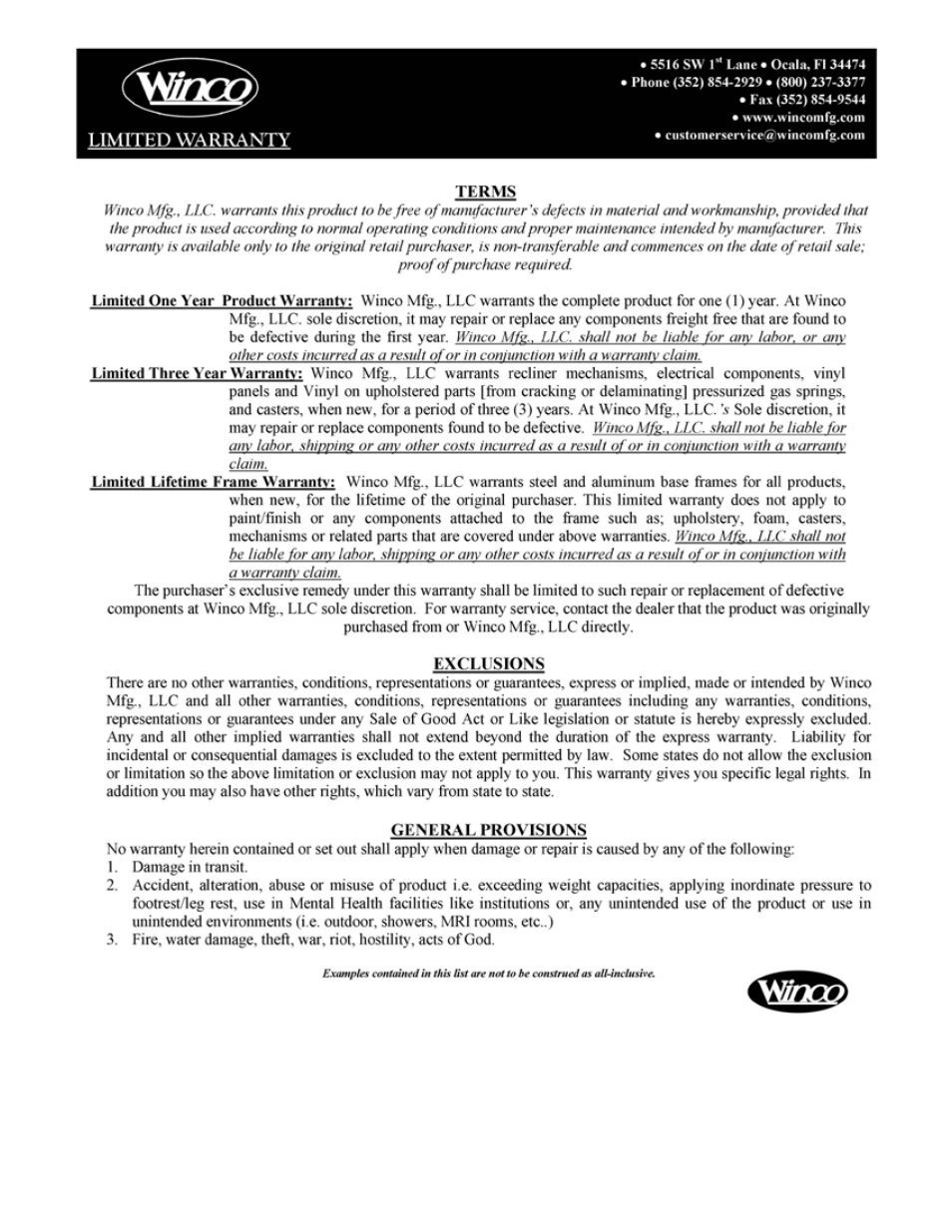 Winco Mfg. 5900 - Elite Comfort Recliner User Manual | Page 8 / 8