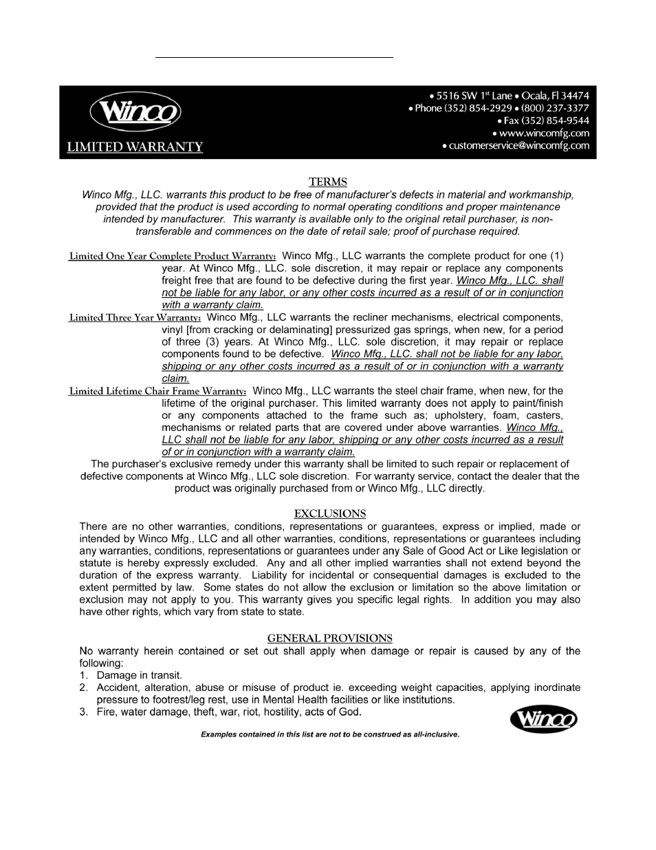 Winco Mfg. 8050/8050SH - Adjustable Treatment Table User Manual | Page 4 / 4