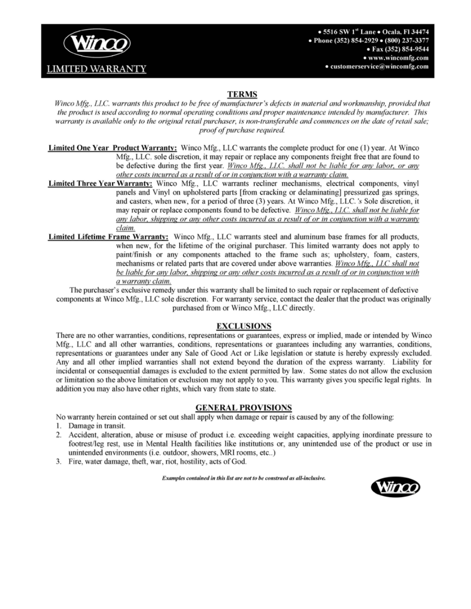 Winco Mfg. 8510 - Treatment Table User Manual | Page 4 / 4