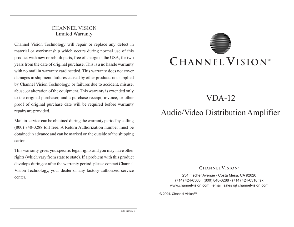 Channel Vision Audio/Video Distribution Amplifier VDA-12 User Manual | 2 pages