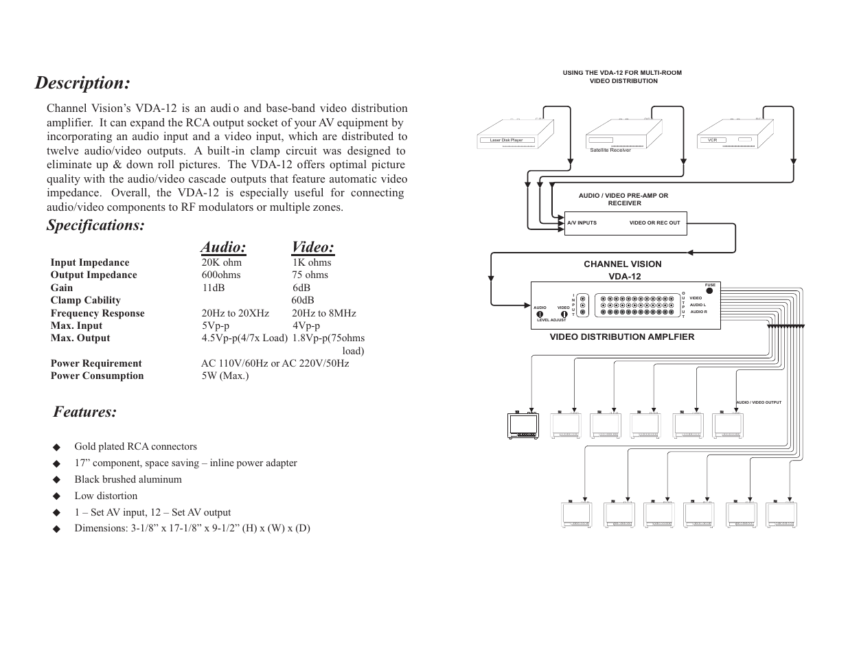 Description, Audio: video, Specifications | Features | Channel Vision Audio/Video Distribution Amplifier VDA-12 User Manual | Page 2 / 2