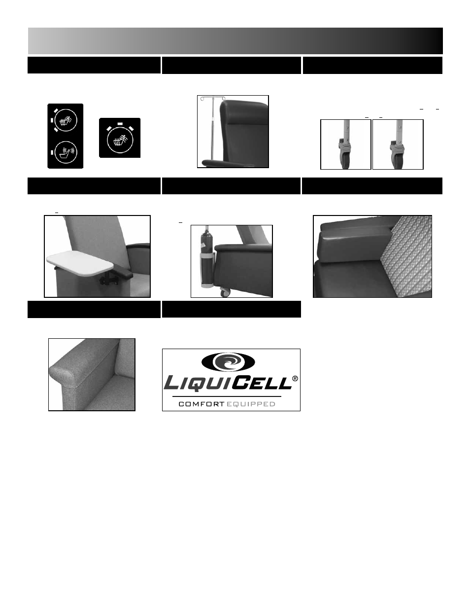 Options for your winco care cliner, Heat & massage, Iv pole & attachment | Leg extensions, Liquicell, Armrest covers, Side cushion, Pivot-table oxygen tank holder | Winco Mfg. Room Chair 6704 User Manual | Page 15 / 16