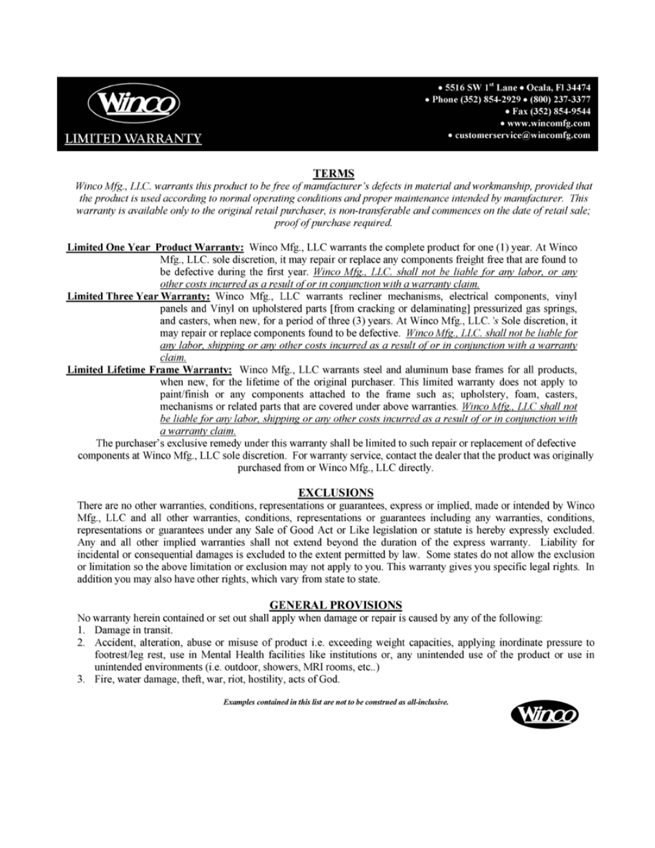 Winco Mfg. S400 - Transfer Recliner User Manual | Page 8 / 8