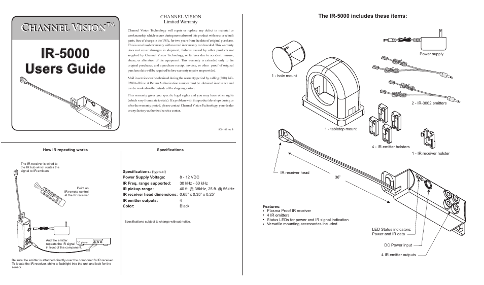Channel Vision IR Receiver IR-5000 User Manual | 2 pages