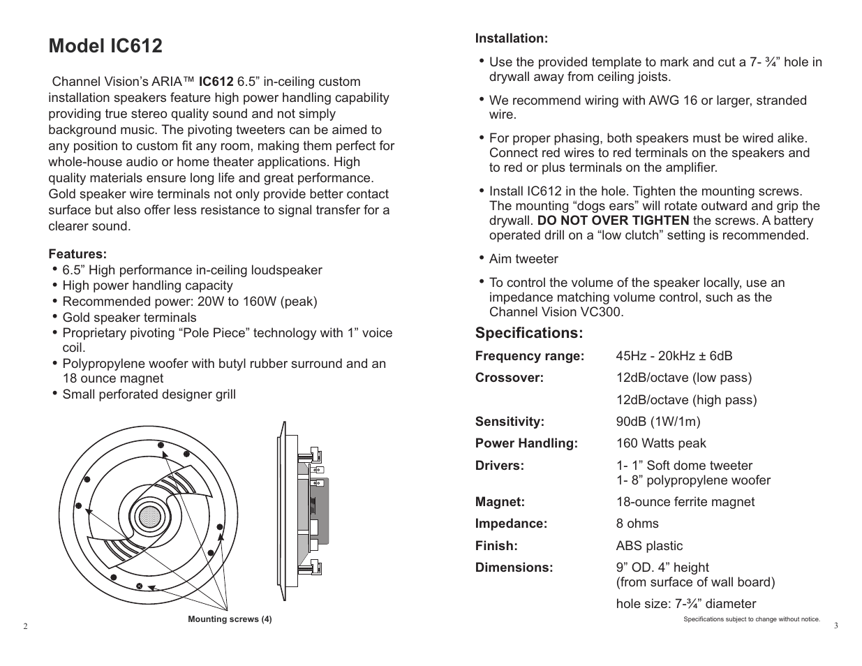 Model ic612 | Channel Vision IC612 User Manual | Page 2 / 2