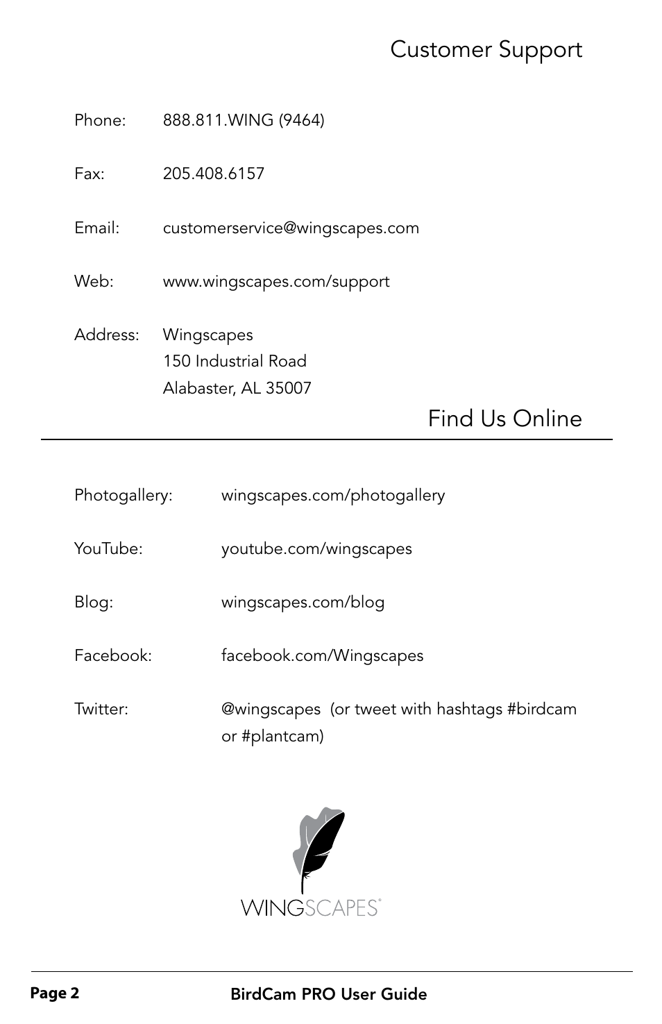 Customer support, Find us online | Wingscapes BirdCam Pro User Manual | Page 2 / 24