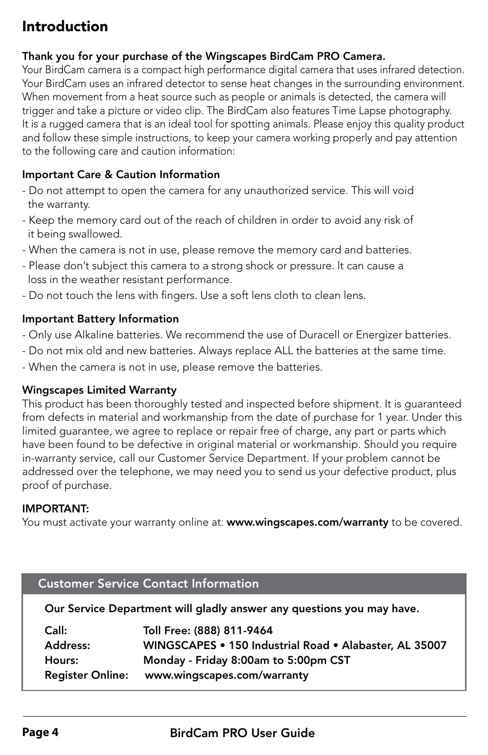 Introduction | Wingscapes BirdCam Pro User Manual | Page 4 / 24