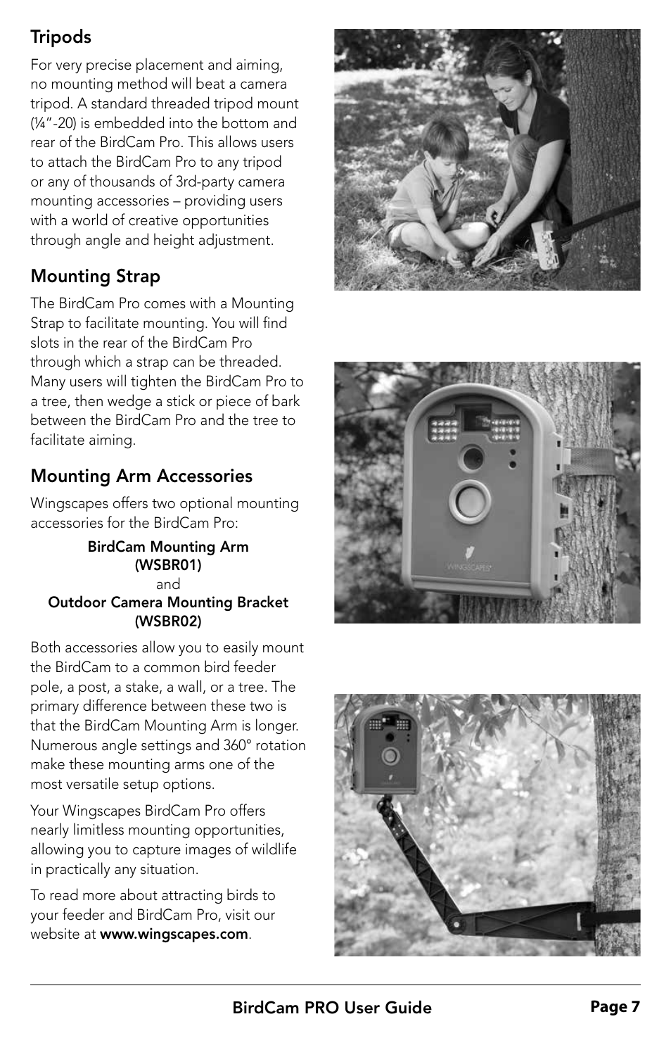Tripods, Mounting strap, Mounting arm accessories | Wingscapes BirdCam Pro User Manual | Page 7 / 24