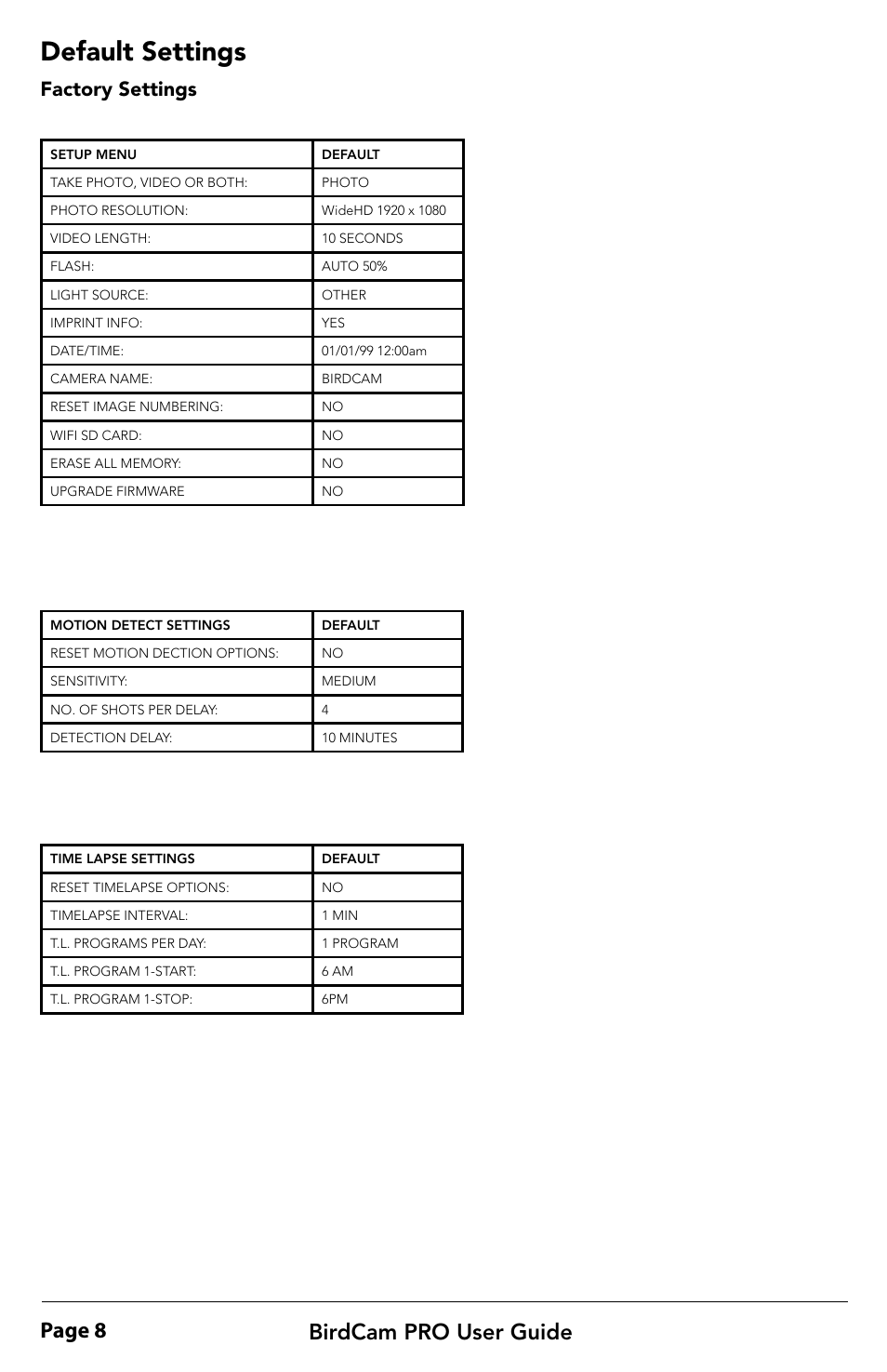 Default settings, Page 8 birdcam pro user guide, Factory settings | Wingscapes BirdCam Pro User Manual | Page 8 / 24