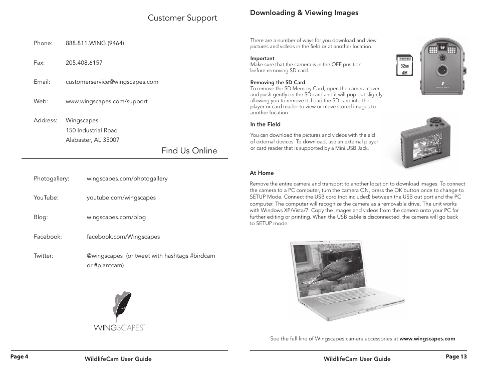 Customer support, Find us online | Wingscapes Wildlife Cam User Manual | Page 4 / 8