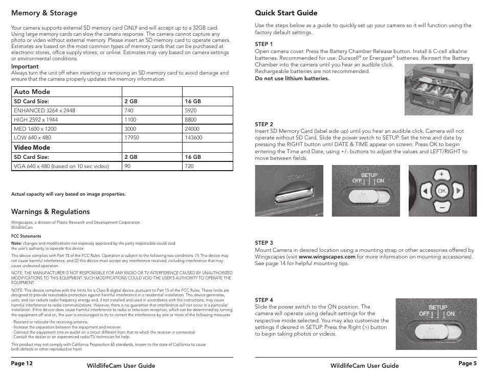 Quick start guide, Warnings & regulations | Wingscapes Wildlife Cam User Manual | Page 5 / 8