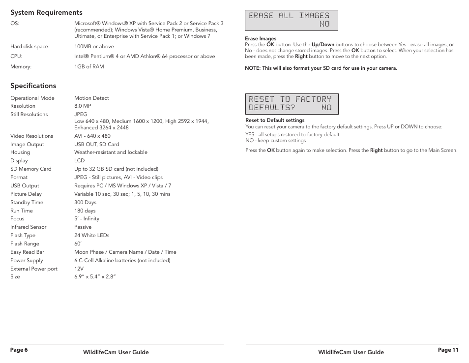 System requirements, Specifications | Wingscapes Wildlife Cam User Manual | Page 6 / 8