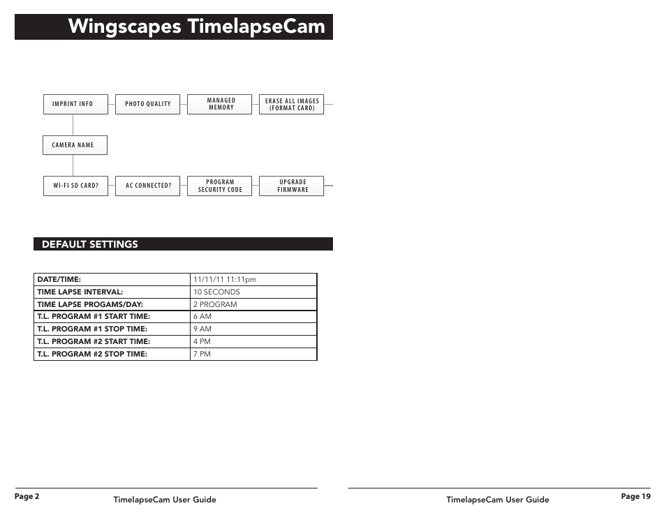 Wingscapes timelapsecam, Default settings | Wingscapes Timelapse Cam User Manual | Page 2 / 10