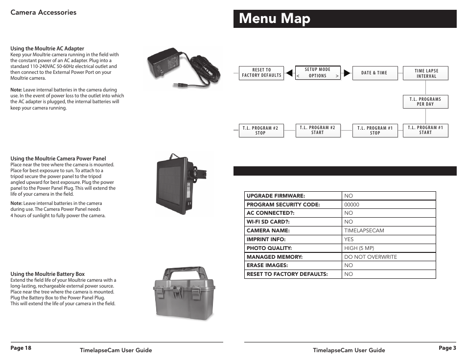 Menu map, Camera accessories | Wingscapes Timelapse Cam User Manual | Page 3 / 10