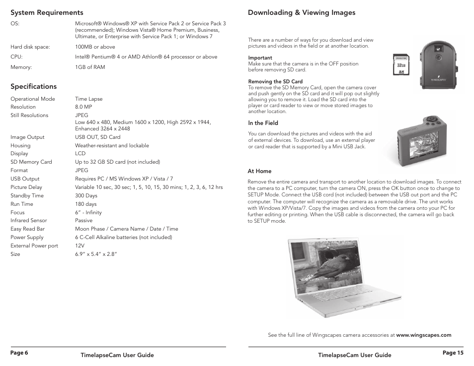 System requirements, Specifications, Downloading & viewing images | Wingscapes Timelapse Cam User Manual | Page 6 / 10