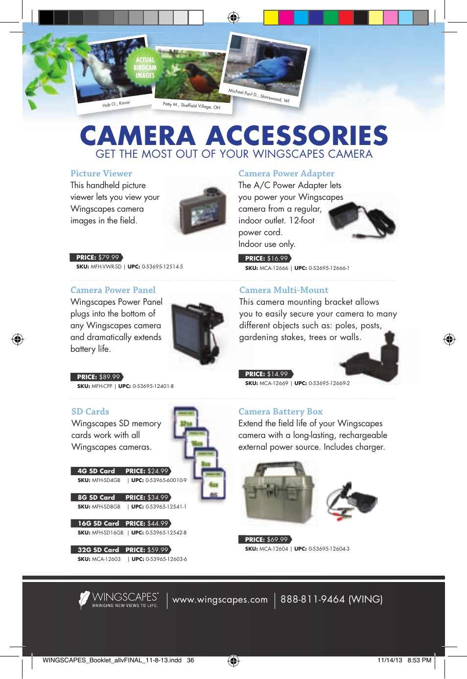 Camera accessories, Get the most out of your wingscapes camera, Camera power adapter | Camera power panel, Sd cards, Picture viewer, Camera multi-mount, Camera battery box | Wingscapes Birdcam Discovery Guide User Manual | Page 38 / 40