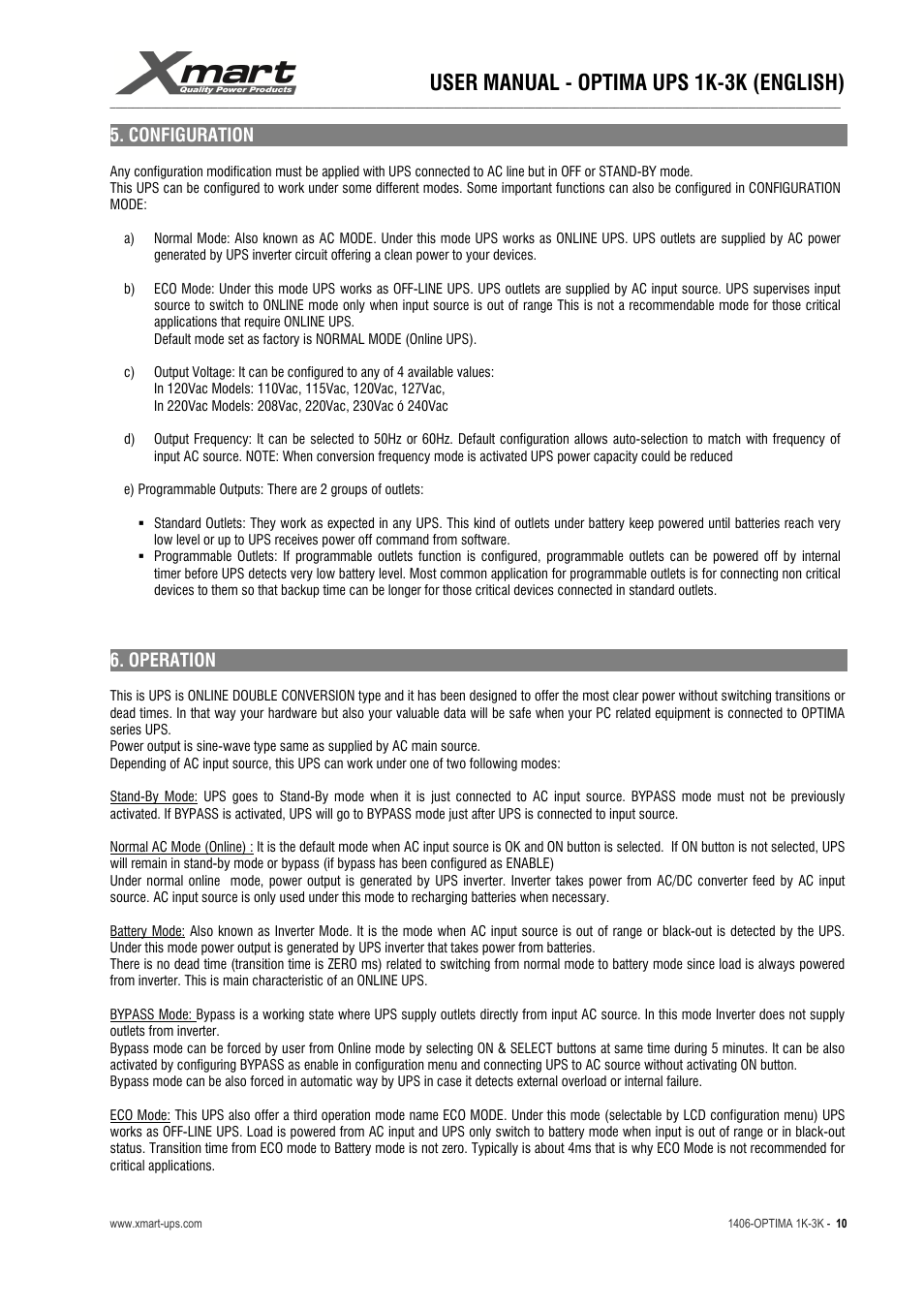 User manual - optima ups 1k-3k (english) | XMART Optima 3K-HB User Manual | Page 10 / 30