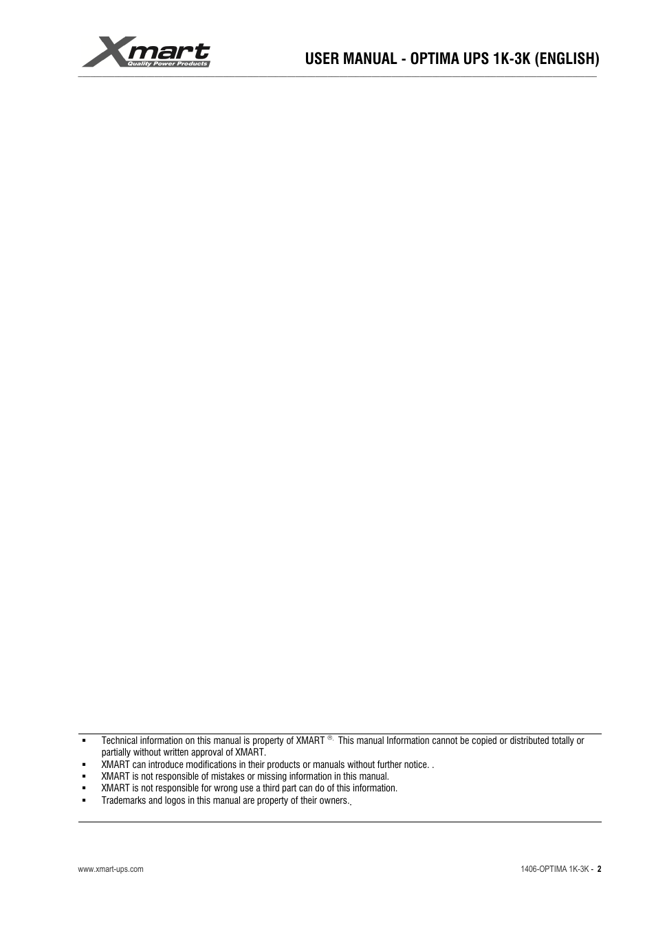 User manual - optima ups 1k-3k (english) | XMART Optima 3K-HB User Manual | Page 2 / 30